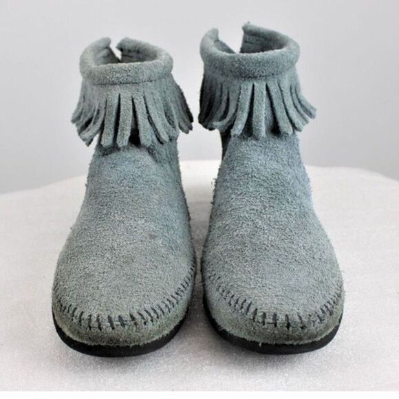 Leather Moccasin Bootie Fringe Ankle Zip Back Soft Rubber Sole Blue Gray Size 6 - Picture 3 of 10